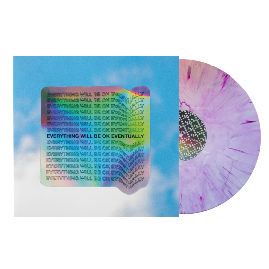 Vinyl record with a holographic sticker displaying the repeated phrase ’Everything will be ok eventually’ in rainbow colors.