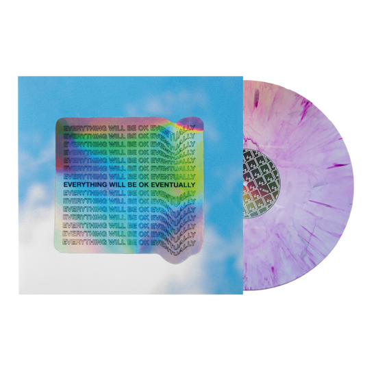 Vinyl record with a holographic sticker displaying the repeated phrase ’Everything will be ok eventually’ in rainbow colors.
