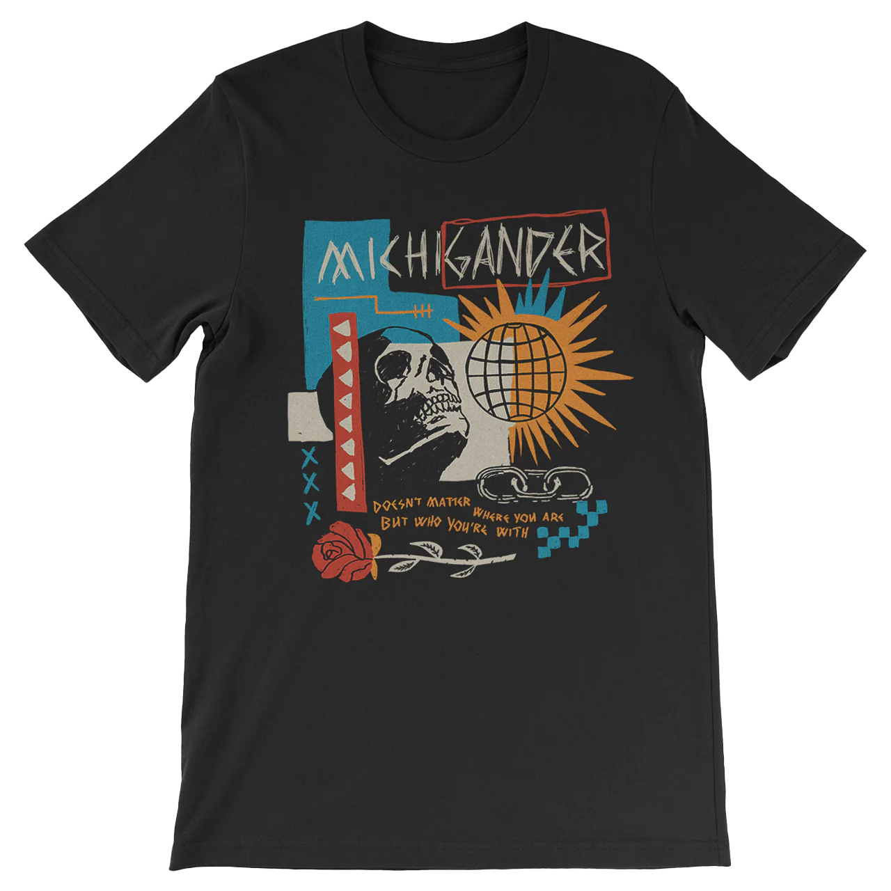 Black t-shirt with a colorful graphic design featuring the text ’MICHKANDER’ and various abstract elements.