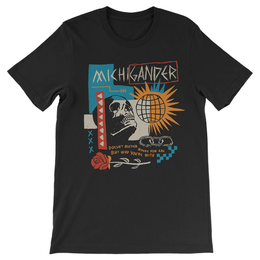 Black t-shirt with a colorful graphic design featuring the text ’MICHKANDER’ and various abstract elements.