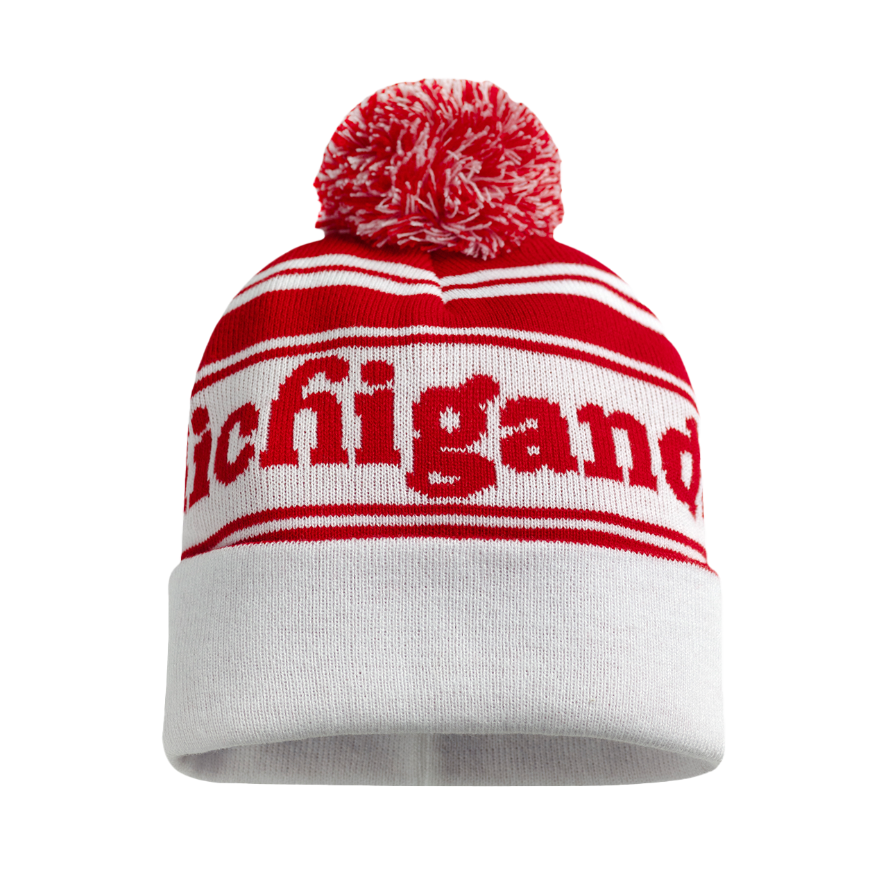 Red and white knit winter hat with ’ichigan’ text and a pom-pom on top.