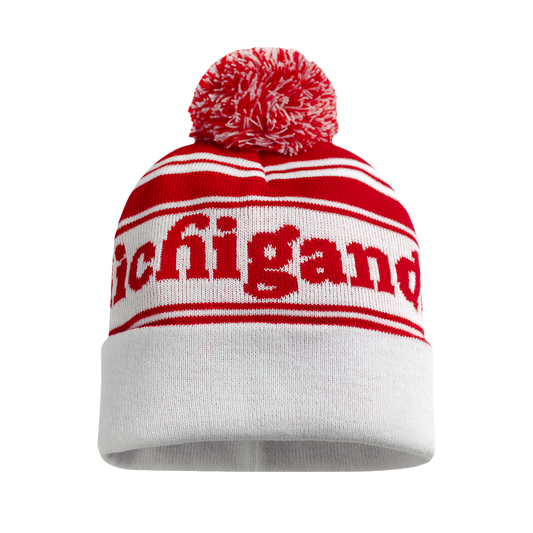 Red and white knit winter hat with ’ichigan’ text and a pom-pom on top.
