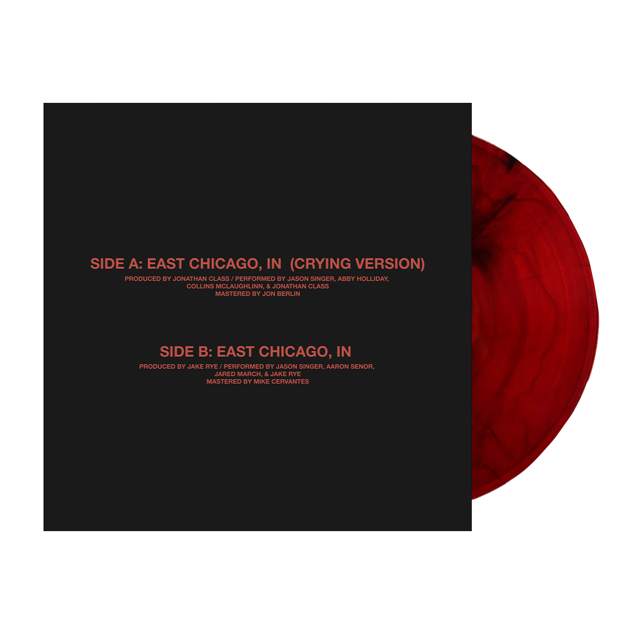 Red vinyl record partially visible inside a black sleeve with track information printed in red text.