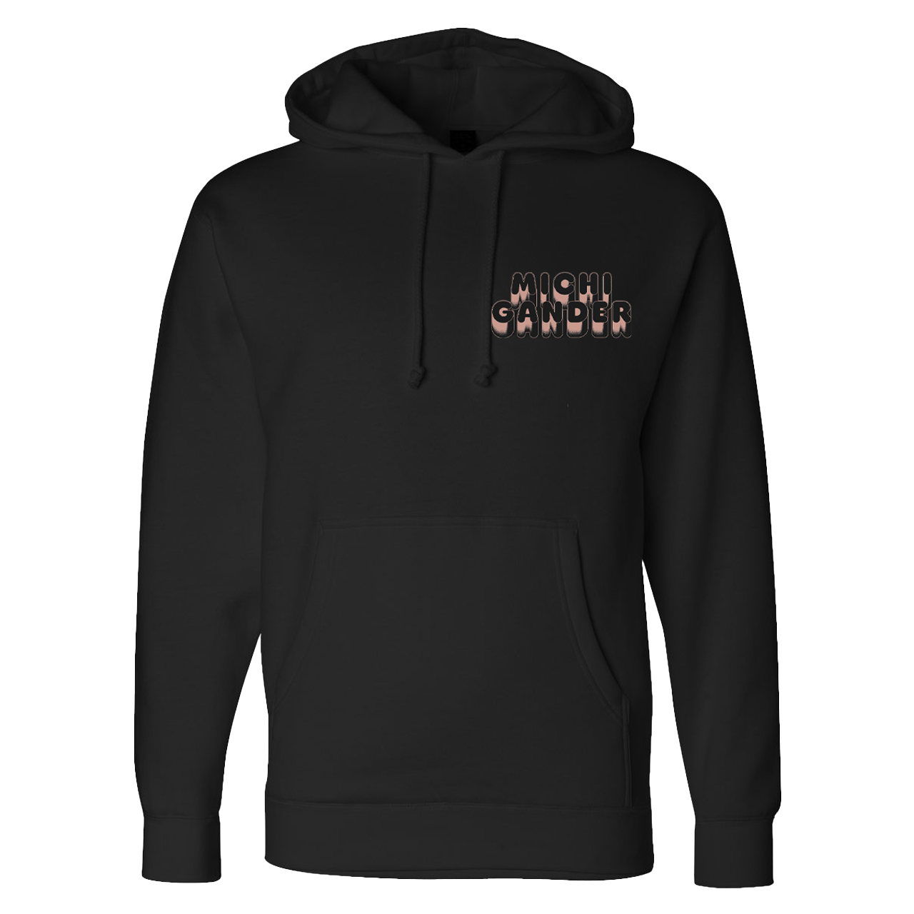 Black hooded sweatshirt with ’MISERY’ text on the chest in a camouflage-style pattern.