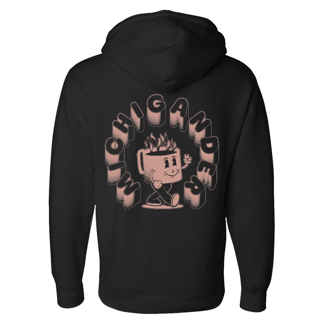 Black hoodie with a cartoon coffee cup character design on the back.