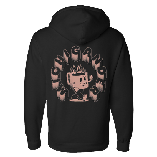 Black hoodie with a cartoon coffee cup character design on the back.
