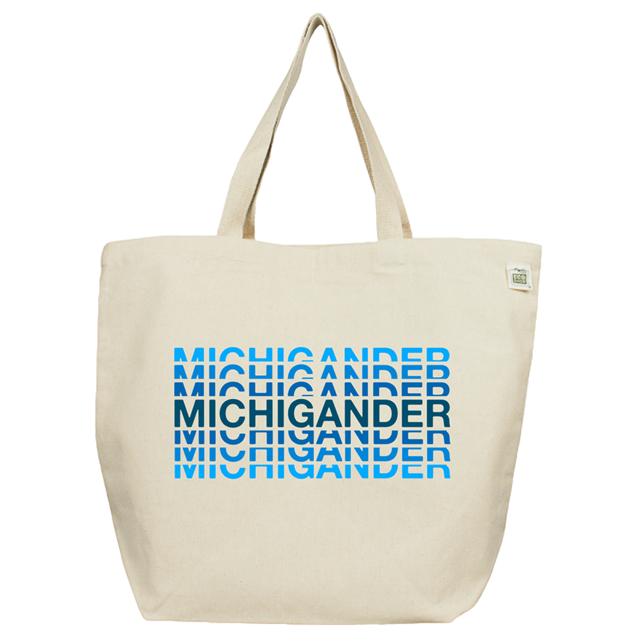 Canvas tote bag with ’MICHIGANDER’ printed repeatedly in blue shades.