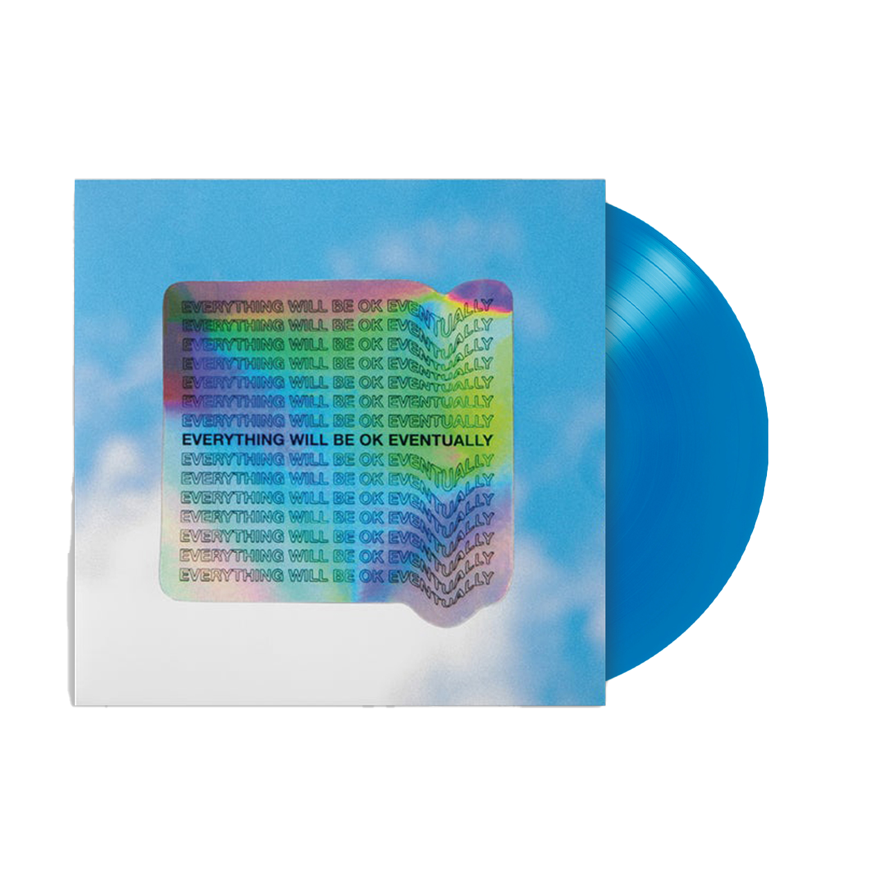 Bright blue vinyl record album with a holographic label repeating the phrase ’Everything will be ok eventually’.