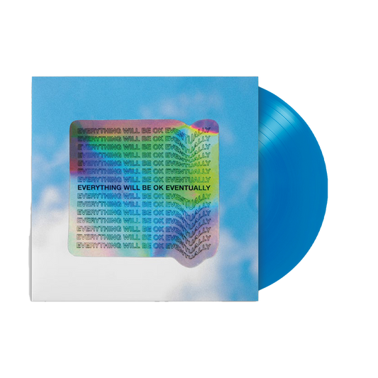 Bright blue vinyl record album with a holographic label repeating the phrase ’Everything will be ok eventually’.