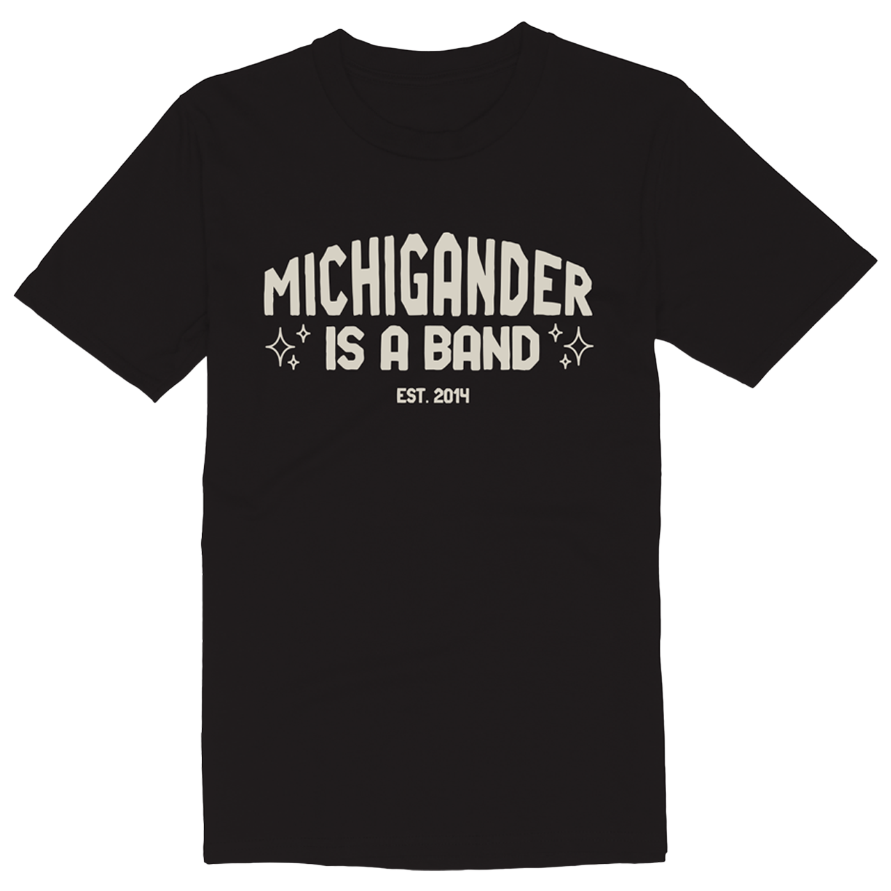 Black t-shirt with white text reading ’MICHIGANDER IS A BAND EST. 2014’’ and small star designs.