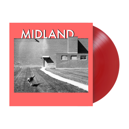 Red vinyl record album with ’MIDLAND’ printed on the cover featuring a black and white photograph of a building exterior and a dog.