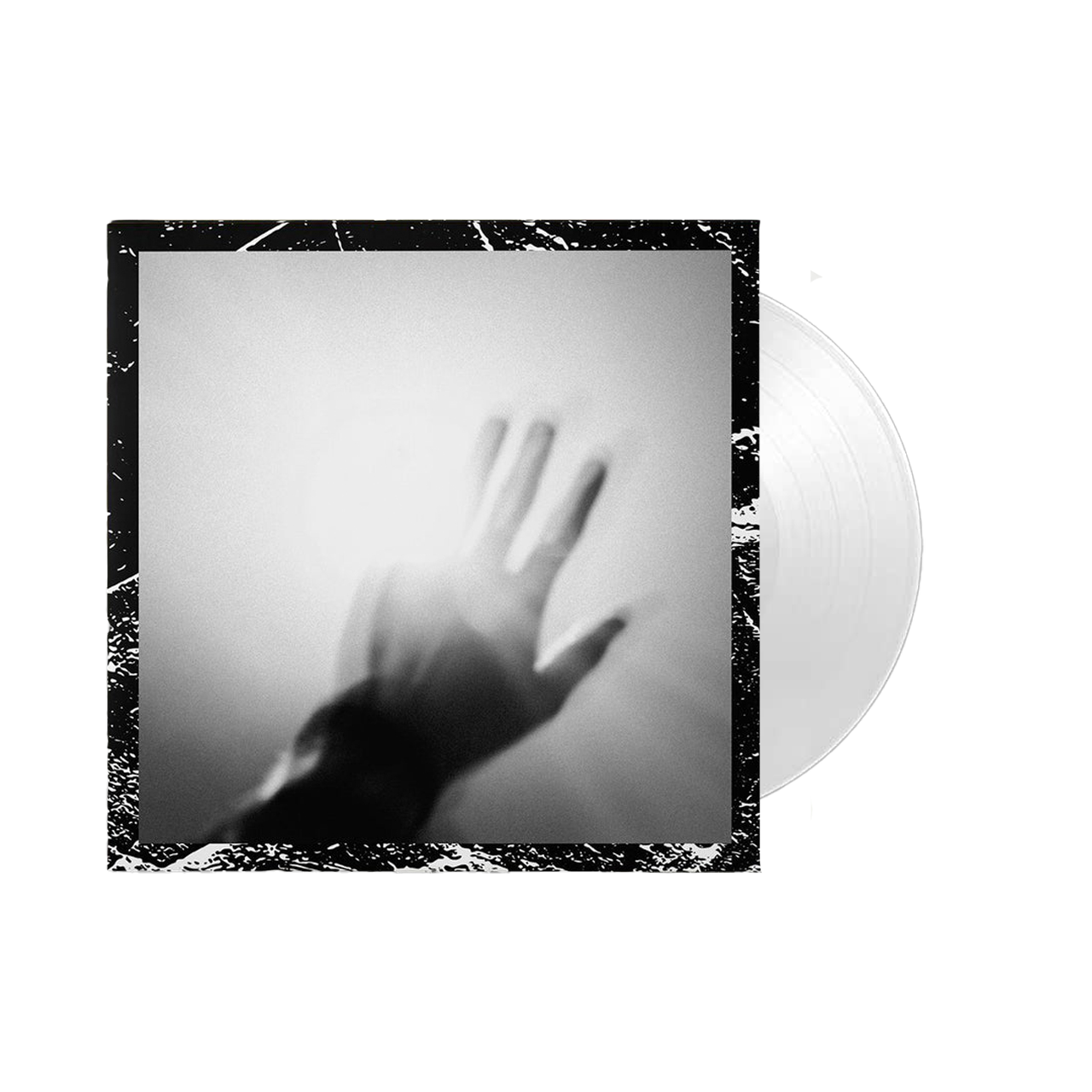 Silhouette of a hand pressed against a foggy or frosted surface.