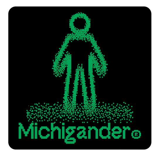 Pixelated green stick figure on a scattered pixel base with ’Michigander’ text below.