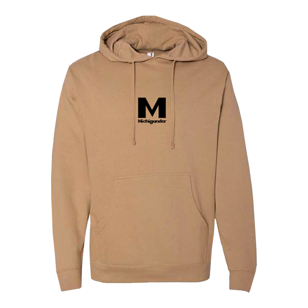 Tan hooded sweatshirt with a black ’M’ logo on the chest.