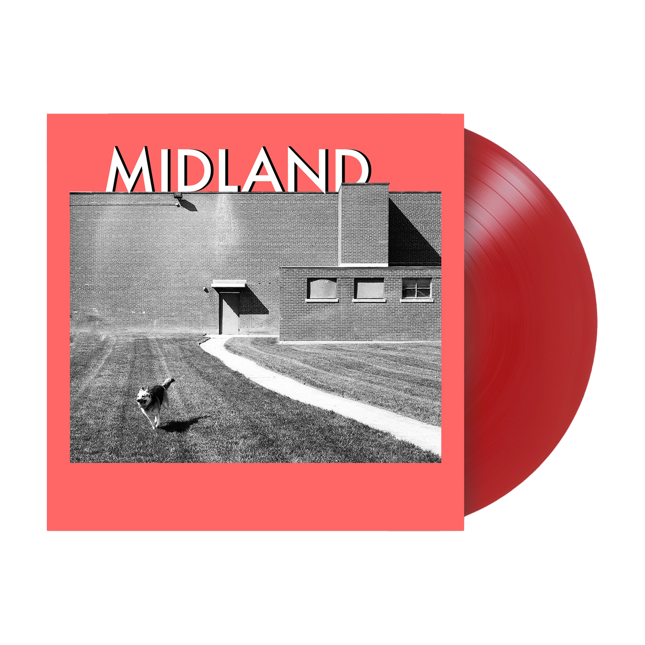 Red vinyl record album with ’MIDLAND’ printed on the cover featuring a black and white photograph of a building exterior and a dog.