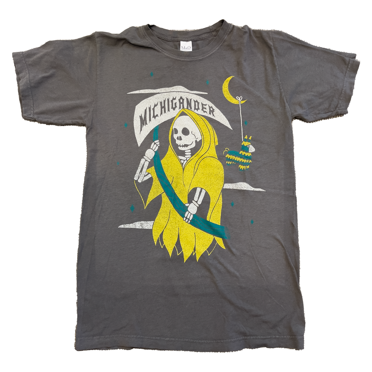 Gray t-shirt featuring a cartoon grim reaper character in yellow with ’Michigander’ text.