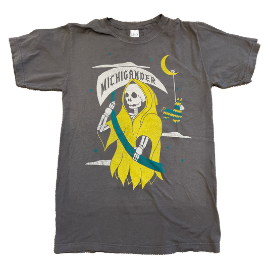 Gray t-shirt featuring a cartoon grim reaper character in yellow with ’Michigander’ text.